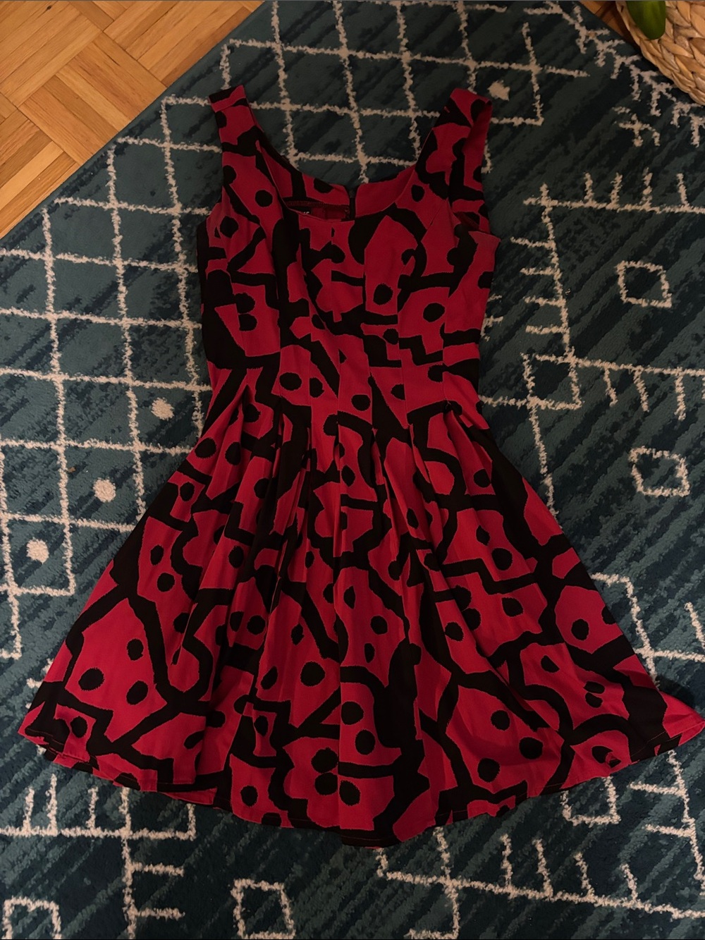Nooworks Sweet Pleats Red and Black Patterned Fit-and-Flare Dress